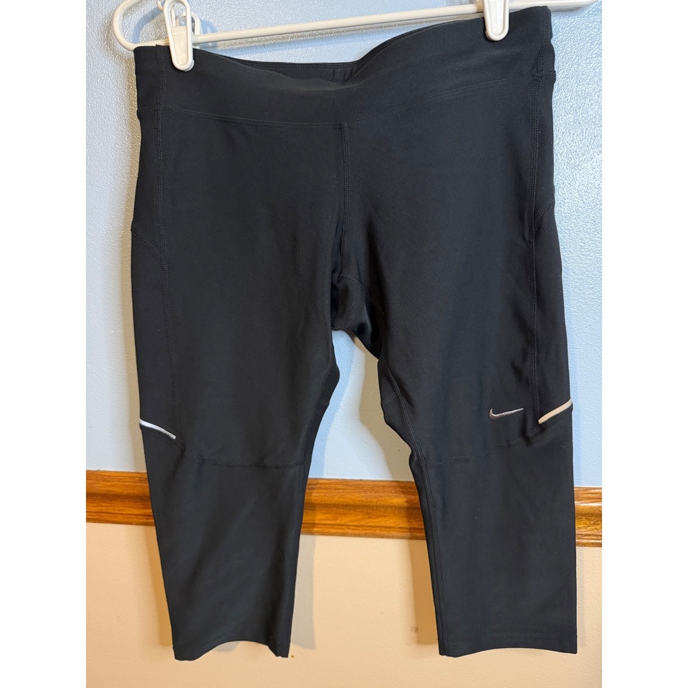 Nike Running Dri-FIT Black Cropped Leggings Tights Women Size M Zipper Pocket